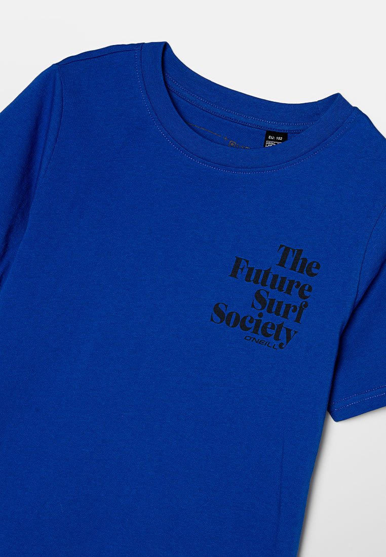 Royalblaues T-Shirt mit kurzen Ärmeln aus Baumwolle. Mit schwarzem Text: "The Future Surf Society" und "ONEILL." Klassisches Rundhals-Design.