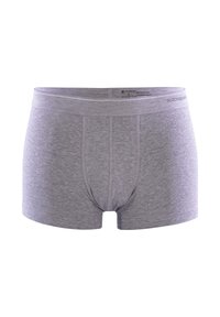 Boxer brevissimi in cotone grigio con una texture liscia, vita elastica e tasca anteriore sagomata. Presentano un design minimalista senza motivi.