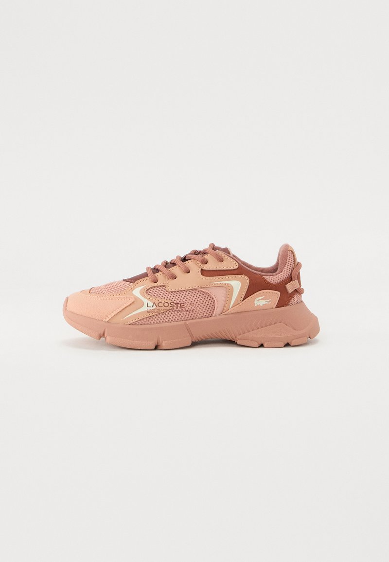 Lacoste sneakers in pink and brown mesh with tonal overlays, featuring lace-up front, padded collar, and textured rubber sole.