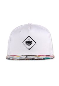 Biała czapka snapback z czarnym logo diamentu z przodu oraz kolorowym, wzorzystym daszkiem z różnymi geometrycznymi wzorami.
