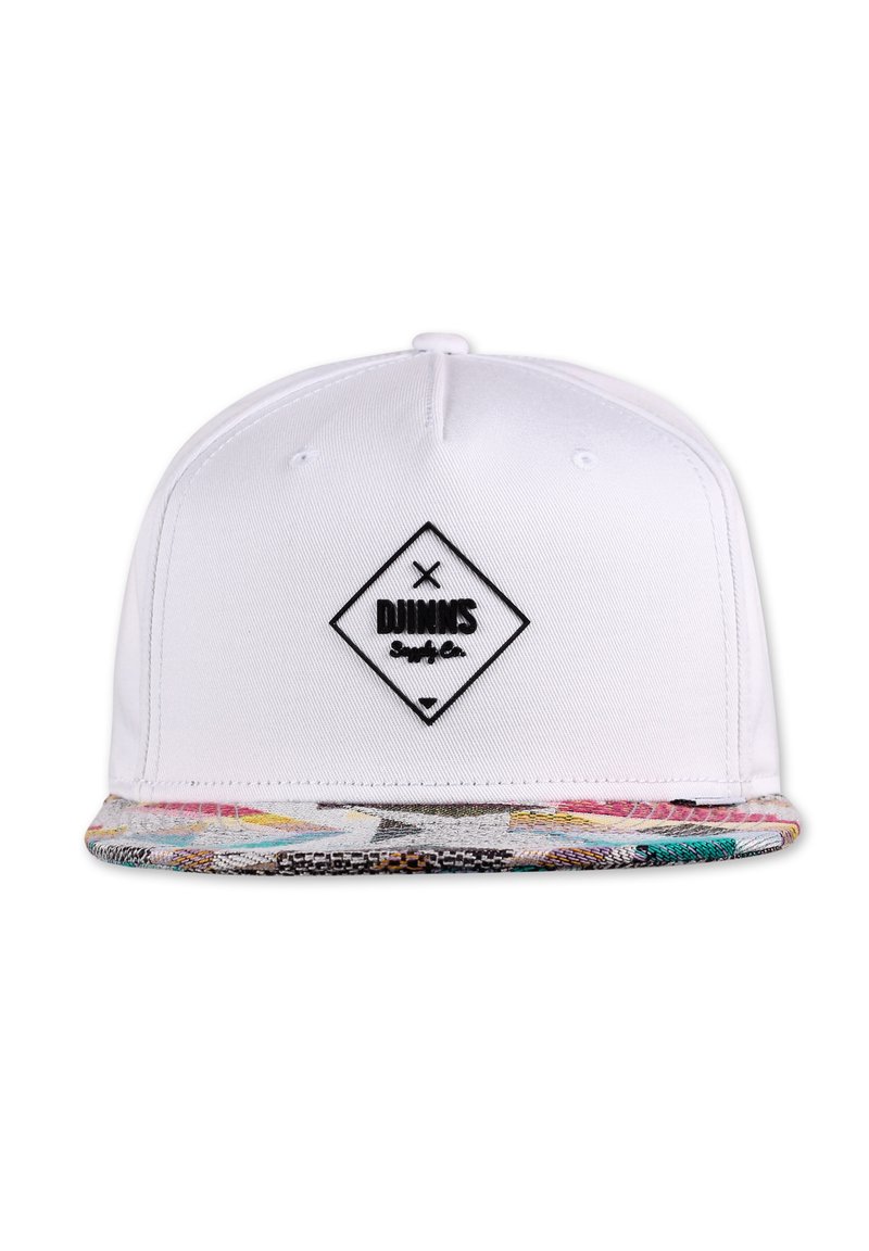 Biała czapka snapback z czarnym logo diamentu z przodu oraz kolorowym, wzorzystym daszkiem z różnymi geometrycznymi wzorami.