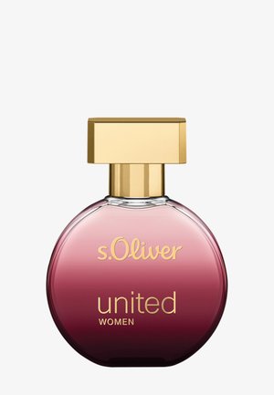 Botella de perfume con degradado redondo de rosa a rojo oscuro con tapón dorado, etiquetada como s.Oliver united women.