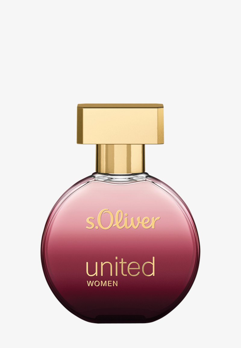 Flacon de parfum dégradé rond du rose au rouge foncé avec un bouchon doré portant l'étiquette s.Oliver united women.