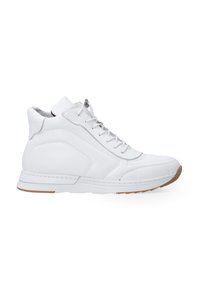 Weiße hoch geschnittene Sneakers aus Leder, mit einer glatten Textur, Schnürdesign, Gummisohle und subtilen Stickdetails.