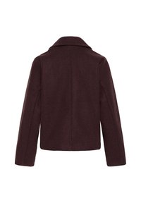 Veste en laine marron foncé avec manches longues et large col, vue de dos sur fond blanc.