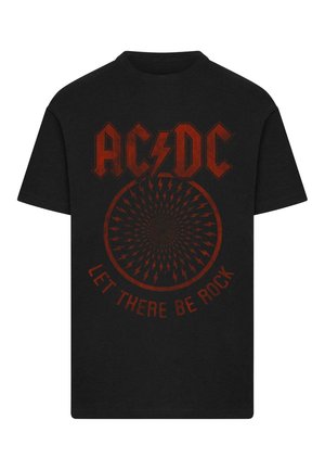 Tricou negru din bumbac cu un design grafic roșu, având inscripțiile "AC/DC" și "LET THERE BE ROCK", înconjurat de modele cu trăsnete.
