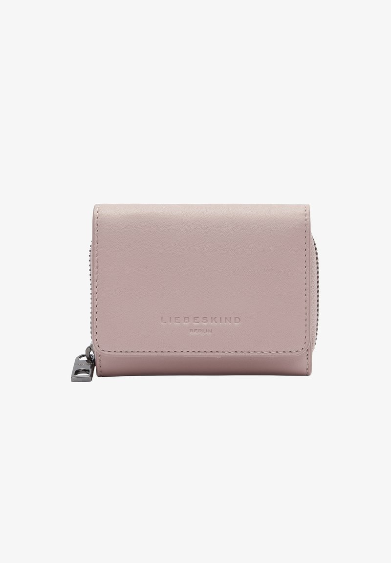 Portefeuille en cuir rose avec une texture lisse, fermeture zippée et logo en relief sur le devant. Design compact et rectangulaire avec des bords nets.