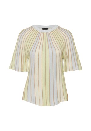Kort mouw gebreide top met verticale strepen in pastelgroen, beige en lichtblauw, met een ronde halslijn.
