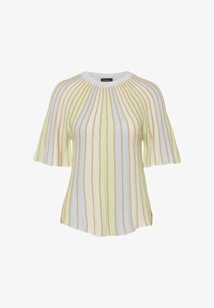 Short-sleeve knit top with vertical stripes in pastel green, beige, and light blue, featuring a round neckline.