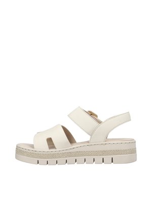 Beige platformsandaal met brede riemen, enkelriem met gesp, gestructureerde tussenzool en stevige geribbelde rubberen buitenzool.