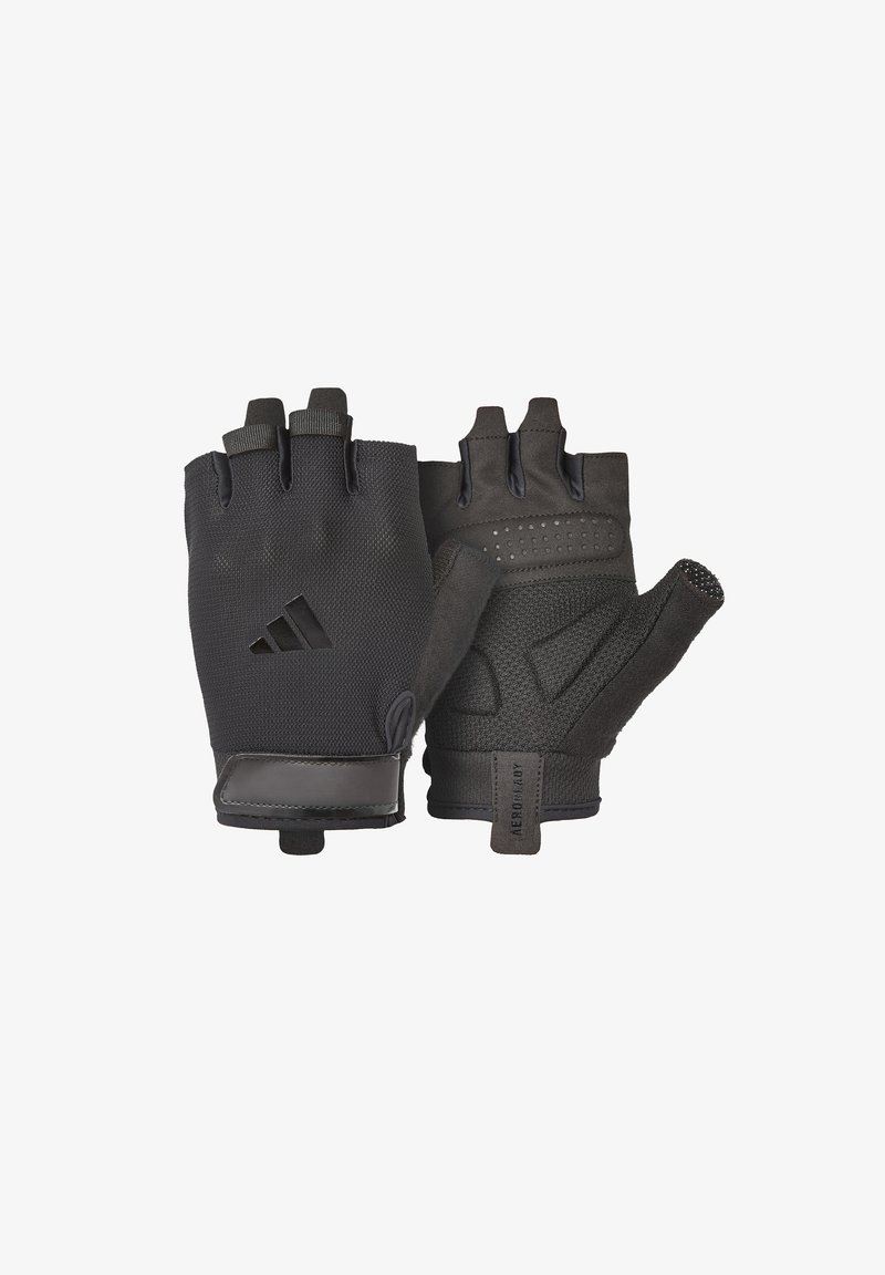 Guantes sin dedos de color negro, hechos de un tejido texturizado, con áreas de palma reforzadas, una correa de velcro y acentos perforados para una mejor transpirabilidad.