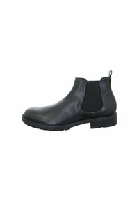 Schwarze Leder-Ankle-Boots mit elastischen Seiteneinsätzen, runder Spitze und strukturiertem Gummisohle. Verfügt über eine Ziehlasche für ein einfaches An- und Ausziehen.