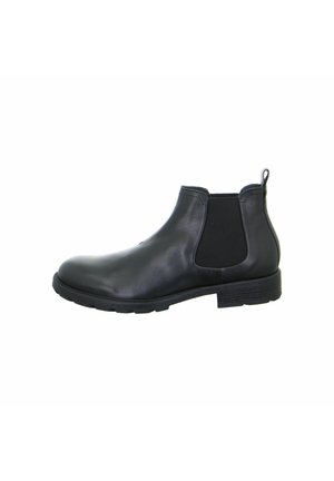 Schwarze Leder-Ankle-Boots mit elastischen Seiteneinsätzen, runder Spitze und strukturiertem Gummisohle. Verfügt über eine Ziehlasche für ein einfaches An- und Ausziehen.