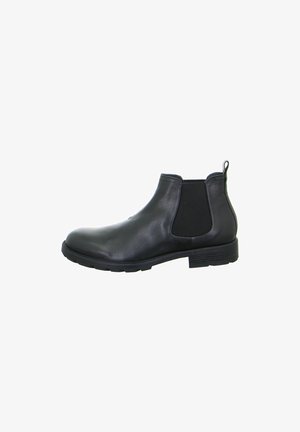 Schwarze Leder-Ankle-Boots mit elastischen Seiteneinsätzen, runder Spitze und strukturiertem Gummisohle. Verfügt über eine Ziehlasche für ein einfaches An- und Ausziehen.
