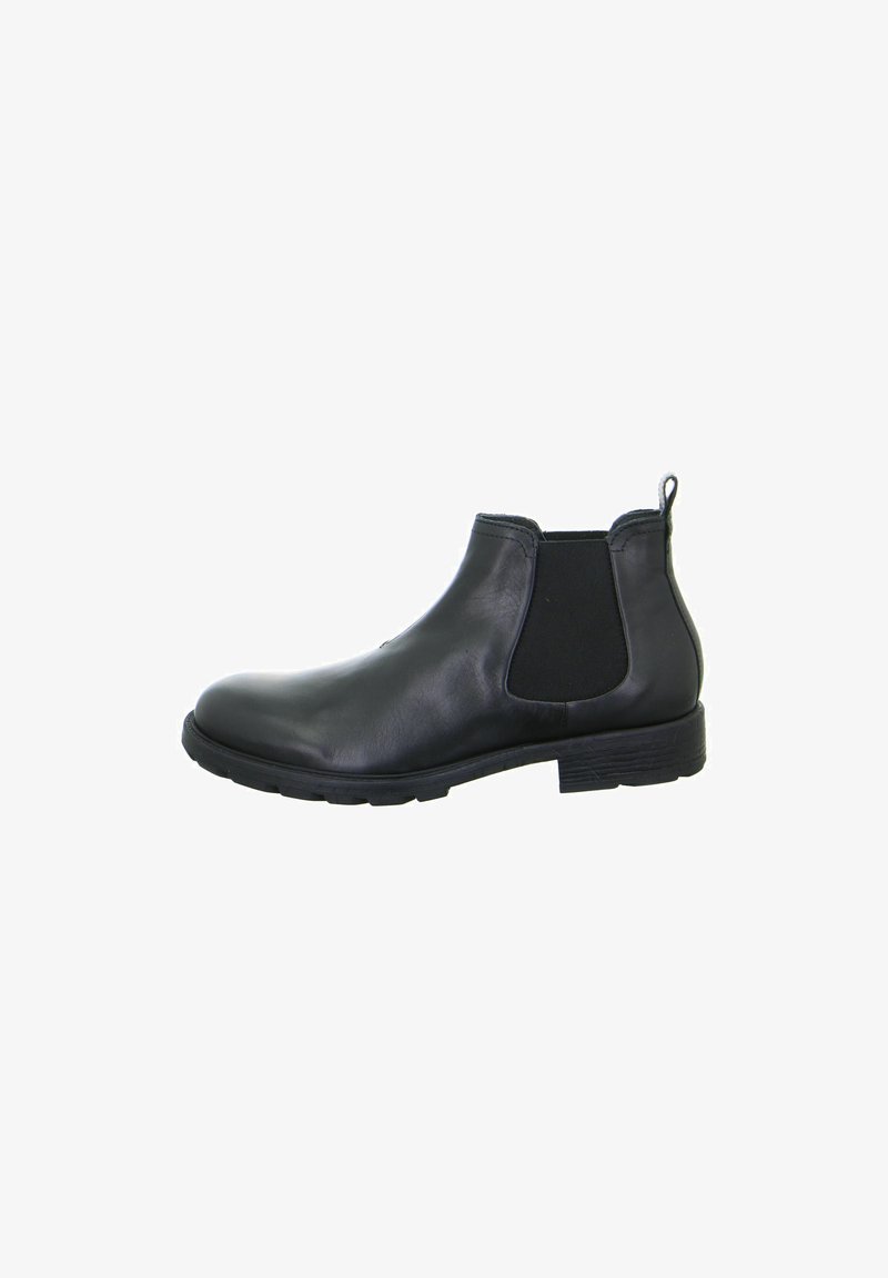 Schwarze Leder-Ankle-Boots mit elastischen Seiteneinsätzen, runder Spitze und strukturiertem Gummisohle. Verfügt über eine Ziehlasche für ein einfaches An- und Ausziehen.
