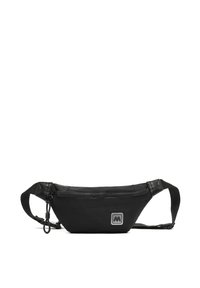 Crna torba oko struka napravljena od izdržljive tkanine, sa zatvaračem, podesivim remenom i oznakom na prednjoj strani. Kompaktna i lagana konstrukcija.