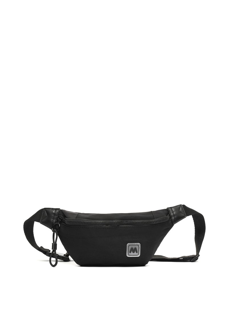 Crna torba oko struka napravljena od izdržljive tkanine, sa zatvaračem, podesivim remenom i oznakom na prednjoj strani. Kompaktna i lagana konstrukcija.