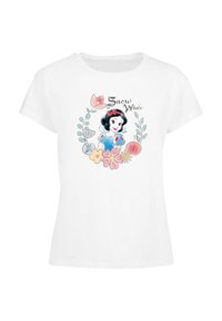 Hvit bomulls T-skjorte med en tegneserieversjon av Snøhvit omringet av fargerike blomster og bladdesign, med teksten "Snøhvit" over.