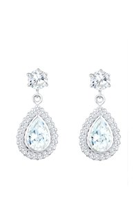 Boucles d'oreilles en argent avec une pierre transparente en forme de poire entourée de petites pierres transparentes, et une pierre ronde en haut.