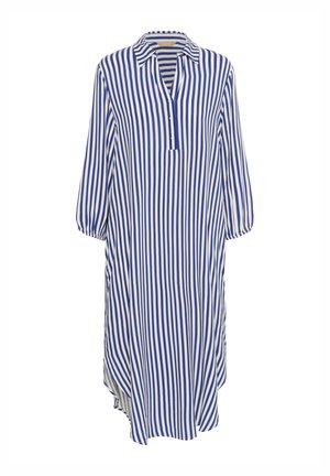 Gestreepte jurk in blauw en wit, met een kraag, knopenlijst en driekwartmouwen; lichte stof met een losse pasvorm.