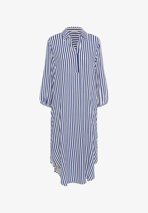 Abito a righe blu e bianco, con colletto, patta dei bottoni e maniche a tre quarti; tessuto leggero con una vestibilità ampia.