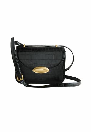 Sac à main en cuir embossé crocodile noir avec un fermoir ovale en or, design épuré, bandoulière réglable et texture brillante. Forme compacte et structurée.