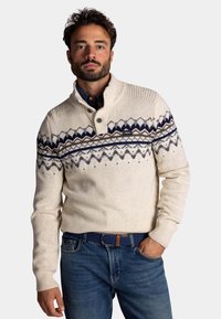 Crème-kleurige pullover trui met een hoge kraag, voorzien van een geometrisch patroon in blauw en bruin over de borst. Zachte gebreide textuur.