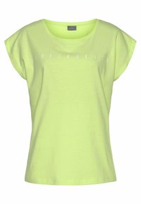 Helles grünes T-Shirt mit kurzen Ärmeln und Rundhalsausschnitt, auf dem "VENICE BEACH" in Weiß gedruckt ist. Aus weichem Baumwollmaterial mit lässiger Passform.