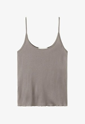 Débardeur marron clair sans manches avec fines bretelles spaghetti et encolure ronde, posé à plat sur un fond blanc.