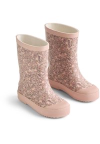 Kinder rosa Gummistiefel mit Blumenmuster, strukturierten Zehenkappen und rutschfesten Sohlen, nebeneinander dargestellt.