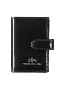 Portafoglio in pelle verniciata nera con superficie liscia, dotato di chiusura a scatto, accento in oro con logo e bordi puliti. Forma rettangolare compatta.