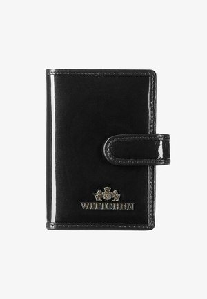 Portafoglio in pelle verniciata nera con superficie liscia, dotato di chiusura a scatto, accento in oro con logo e bordi puliti. Forma rettangolare compatta.