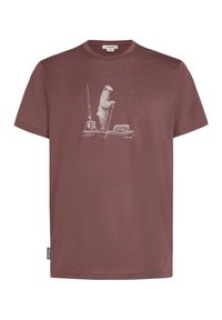 Camiseta marrón de tejido suave con un estampado gráfico blanco de un oso polar con equipo de pesca. Corte regular con escote redondo.
