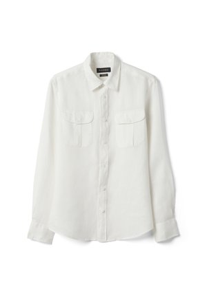 Weißes, langärmliges Hemd mit Knopfleiste, Kragen und zwei aufgesetzten Taschen vorne, aus leichtem Stoff.