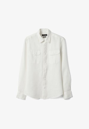 Weißes, langärmliges Hemd mit Knopfleiste, Kragen und zwei aufgesetzten Taschen vorne, aus leichtem Stoff.