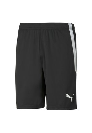 Shorts de sport noirs en tissu léger, avec des bandes blanches sur les côtés et un petit logo Puma blanc en bas à gauche. Taille élastique.