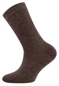 Braune Baumwollsocke mit geripptem Bündchen, glatter Textur sowie verstärktem Zehen- und Fersenbereich. Keine Muster oder Akzente vorhanden.