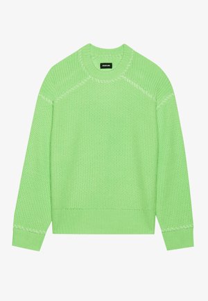 Maglione a collo rotondo di colore verde chiaro, lavorato a maglia con un motivo strutturato, con polsini e orlo a costine. Presenta cuciture a contrasto.