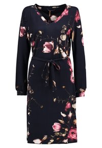 Sukienka w kwiatowy wzór w ciemnym granacie, z długimi rękawami, dekoltem w serek i paskiem w talii dla regulowanego dopasowania. Gładki materiał z wzorami róż i liści.