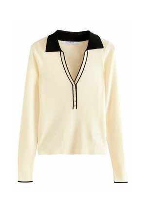 Maglione color crema con colletto e rifiniture nere, dotato di scollatura a V e quattro bottoni sul davanti. Realizzato in morbido tessuto a maglia, con maniche lunghe.