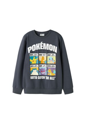 Sweat-shirt gris foncé avec les personnages Pokémon Pikachu, Dracaufeu, Carapuce, Ronflex, Ectoplasma et Dracolosse et le texte "Gotta catch 'em all!"