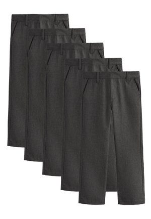 Fünf Paar dunkelgraue formelle Hosen in einer Reihe angeordnet, überlappend, mit sichtbaren Vordertaschen und Gürtelschlaufen.