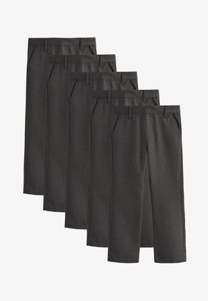 Fünf Paar dunkelgraue formelle Hosen in einer Reihe angeordnet, überlappend, mit sichtbaren Vordertaschen und Gürtelschlaufen.