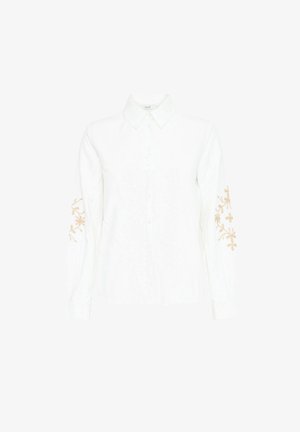 Camicia bianca con bottoni e maniche lunghe, presenta ricami floreali beige sulle maniche. Realizzata in tessuto leggero con un design di colletto classico.