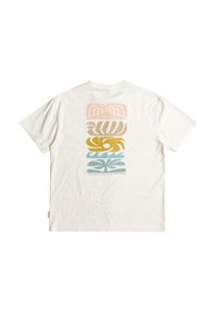 Short-sleeve white T-shirt featuring multi-colored abstract patterns in pink, yellow, and blue on the back. Soft cotton fabric.