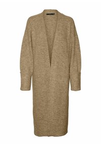Beige gestrickte Strickjacke mit V-Ausschnitt, langen Ärmeln und offenem Vorderteil. Weiche Textur und lockere Passform, ideal zum Schichten.