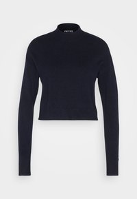 Marinblå croppad tröja i mjukt stickat tyg, med långa ärmar och hög halsringning med ribbdetaljer vid muddarna och nederkanten.