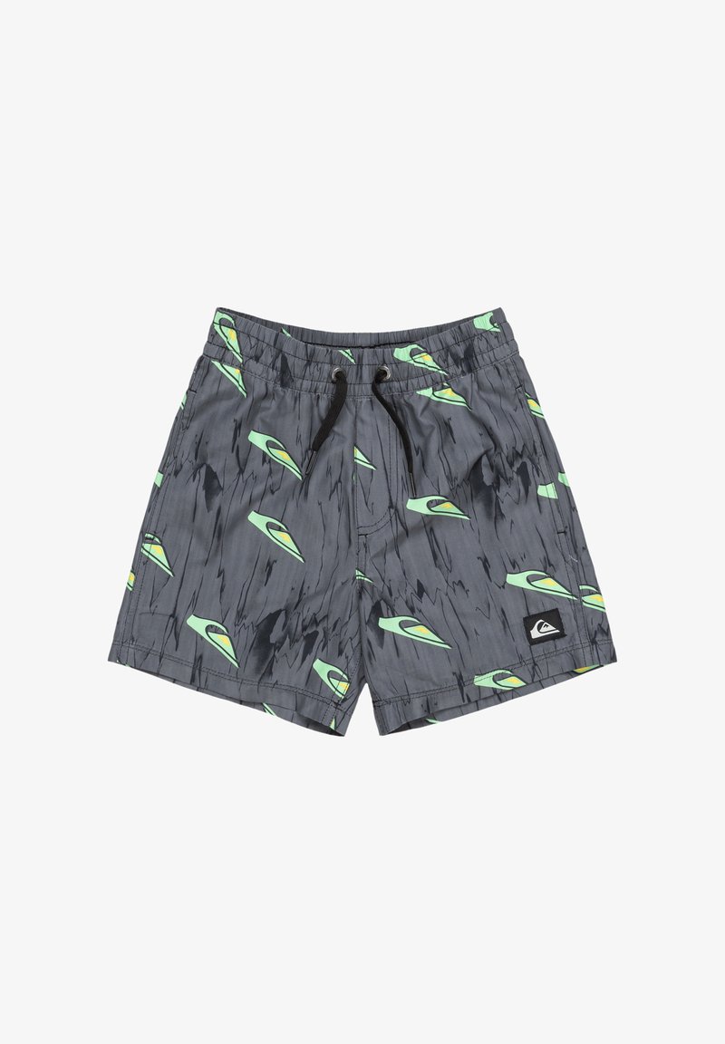 Sivé plavky s vzorovaným designem obsahujícím zelené tvary a žluté akcenty. Elastický pas s šňůrkou a logem.