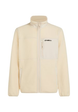 Giacca in pile color crema con zip frontale completa, tasca sul petto con zip, tasche laterali e logo O'Neill sulla tasca sul petto.