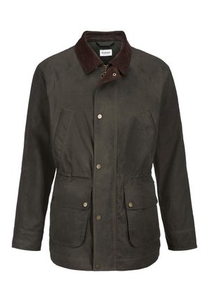 Dunkelgrüne Jacke aus gewachster Baumwolle mit braunem Cordkragen, Frontreißverschluss und Druckknöpfen, zwei Klappentaschen und schrägen Brusttaschen.